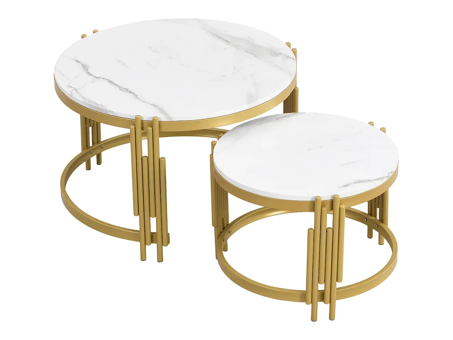 Conjunto de 2 mesas de centro encaixáveis, mesa redonda, efeito mármore, estrutura em metal dourado, D71,5x44+P51,5x37cm^ Mesa De Centro