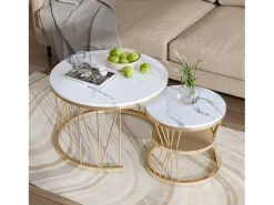 Best Conjunto de 2 mesas de centro redondas - mármore, folheado moderno, mesa lateral elegante, Dourado