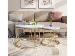 Best Conjunto de 2 mesas de centro redondas - mármore, folheado moderno, mesa lateral elegante, Dourado