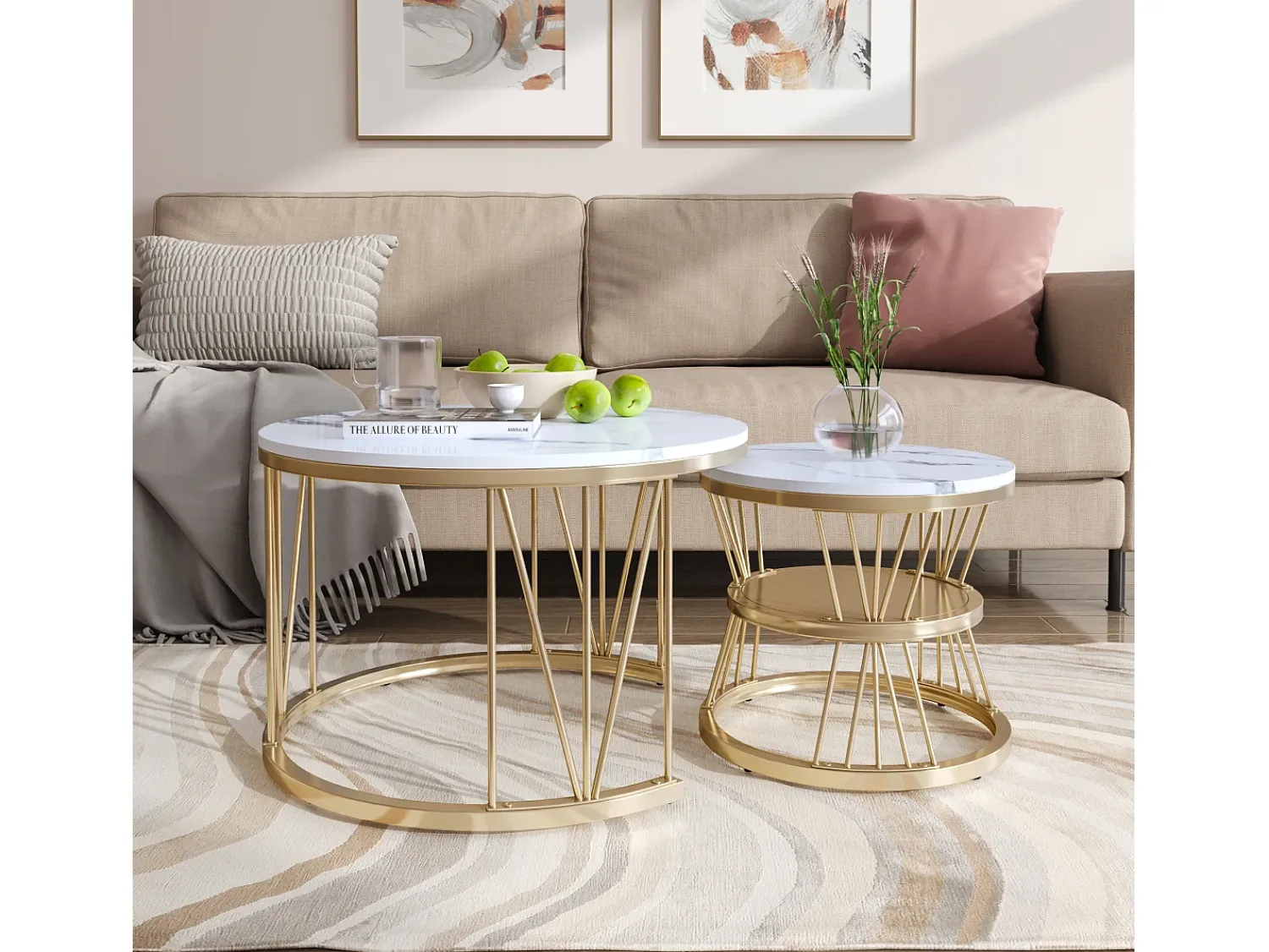 Best Conjunto de 2 mesas de centro redondas - mármore, folheado moderno, mesa lateral elegante, Dourado