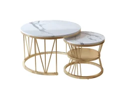 Best Conjunto de 2 mesas de centro redondas - mármore, folheado moderno, mesa lateral elegante, Dourado
