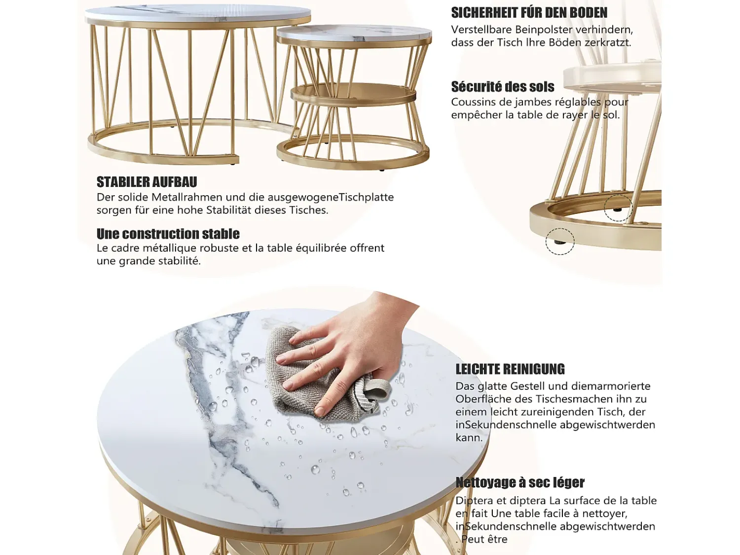 Best Conjunto de 2 mesas de centro redondas - mármore, folheado moderno, mesa lateral elegante, Dourado