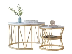 Best Conjunto de 2 mesas de centro redondas - mármore, folheado moderno, mesa lateral elegante, Dourado
