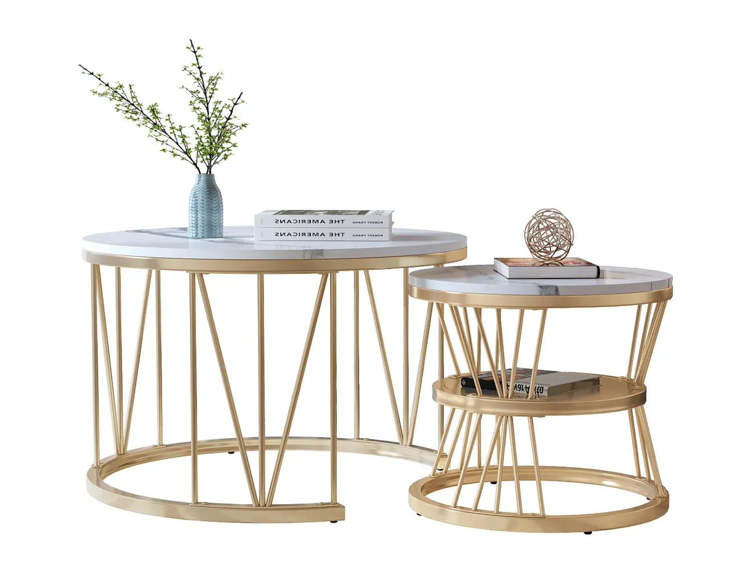 Best Conjunto de 2 mesas de centro redondas - mármore, folheado moderno, mesa lateral elegante, Dourado