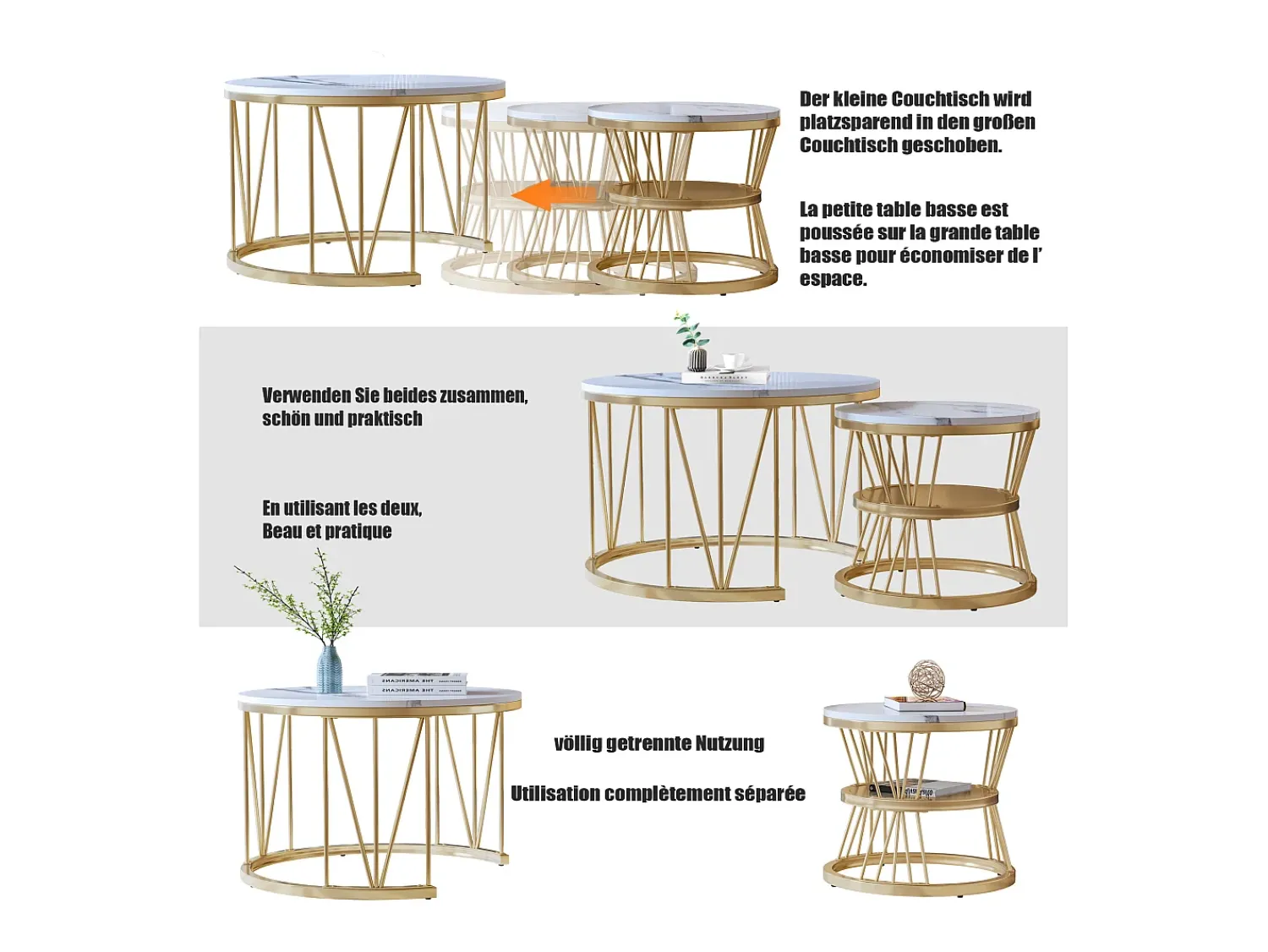 Best Conjunto de 2 mesas de centro redondas - mármore, folheado moderno, mesa lateral elegante, Dourado
