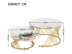 Conjunto de 2 mesas de centro redondas 2 em 1 - Estrutura em metal dourado / gaveta em rattan - Brancas^ Mesa De Centro