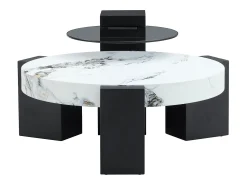Mesa De Centro|Hauss Spole Conjunto de 2 mesas de centro - Mesas redondas com efeito mármore - Madeira MDF + vidro - e preto Branco