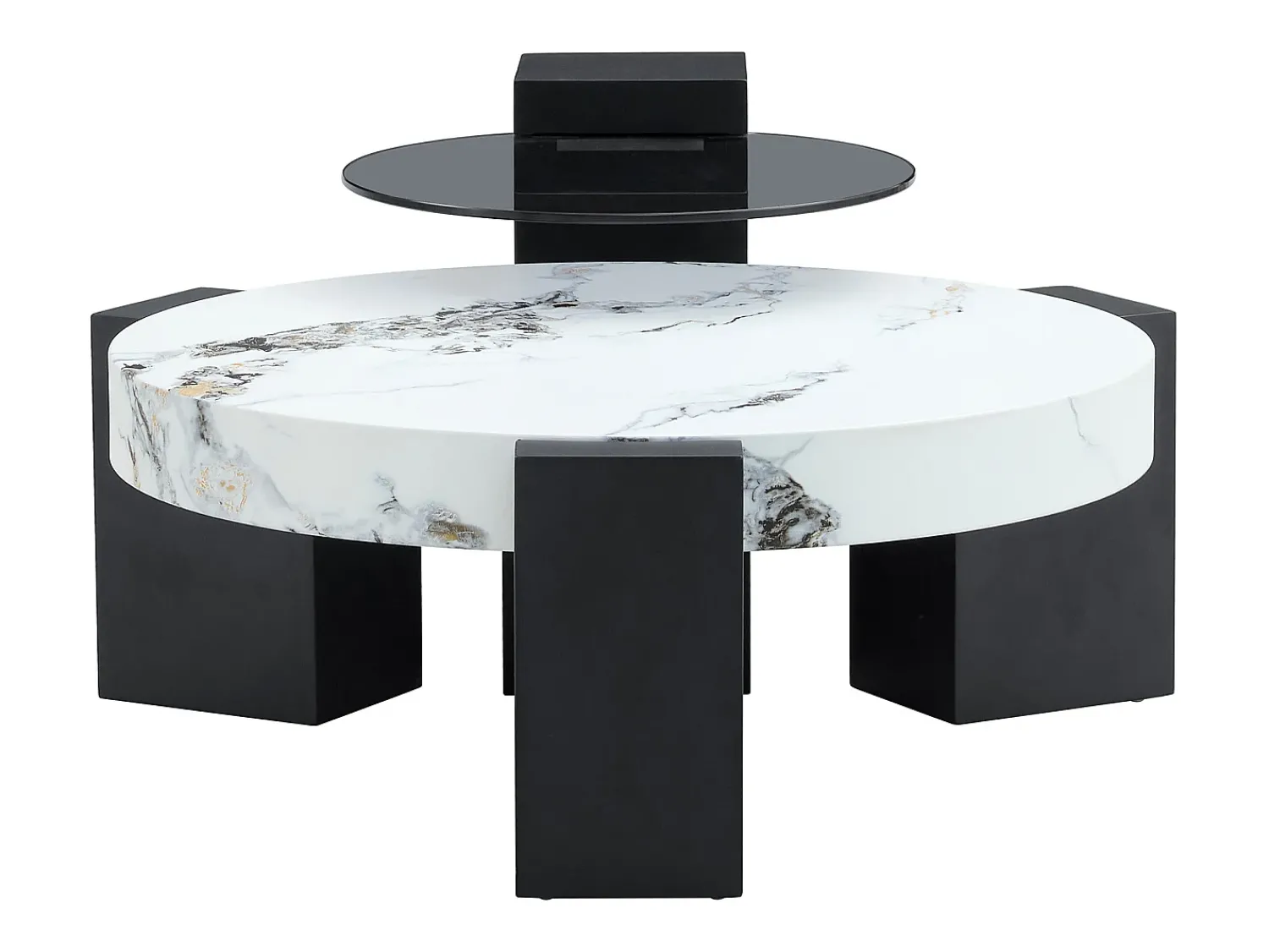 Mesa De Centro|Hauss Spole Conjunto de 2 mesas de centro - Mesas redondas com efeito mármore - Madeira MDF + vidro - e preto Branco