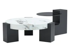 Mesa De Centro|Hauss Spole Conjunto de 2 mesas de centro - Mesas redondas com efeito mármore - Madeira MDF + vidro - e preto Branco