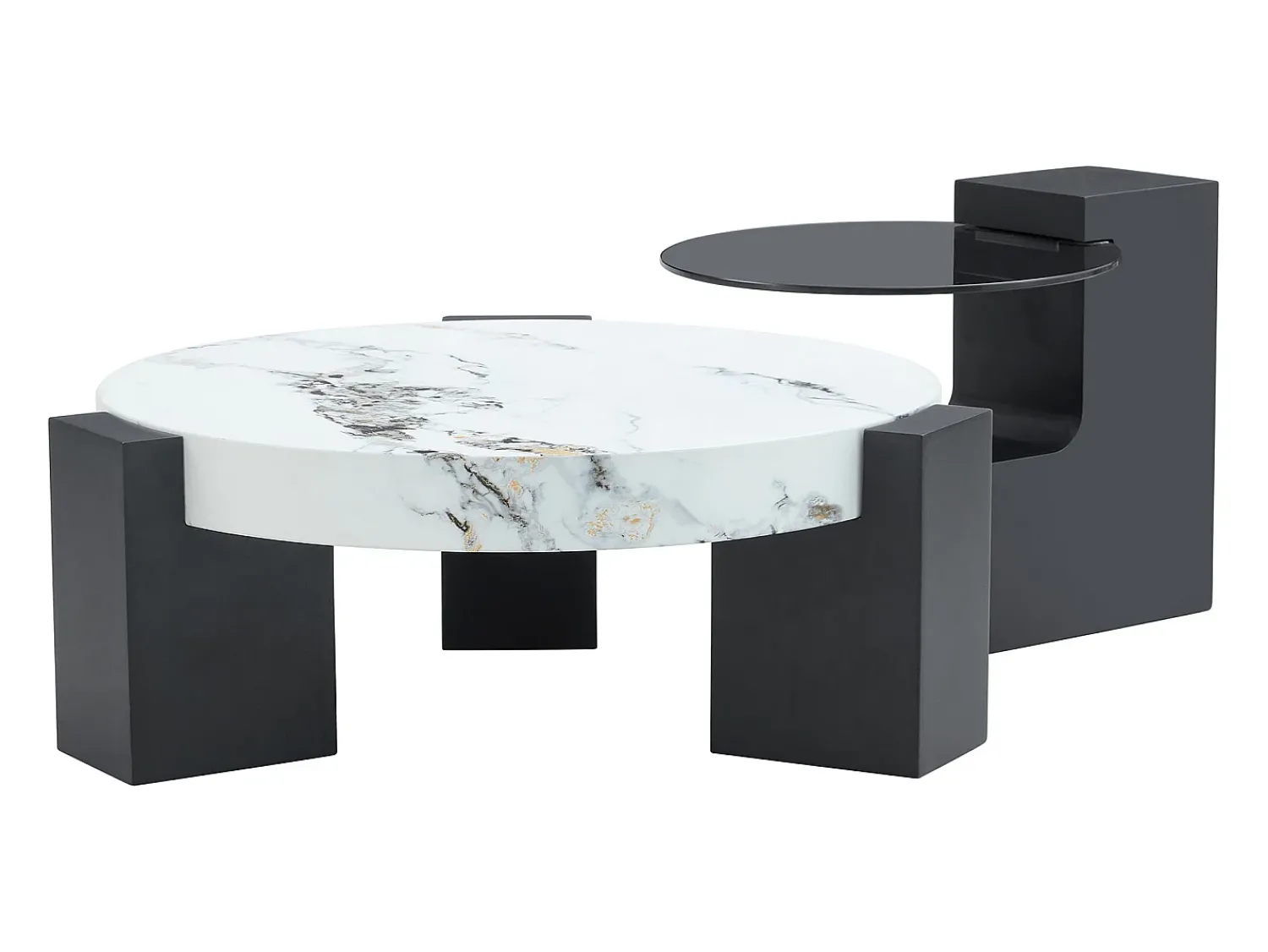 Mesa De Centro|Hauss Spole Conjunto de 2 mesas de centro - Mesas redondas com efeito mármore - Madeira MDF + vidro - e preto Branco
