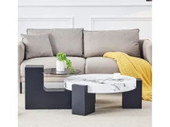 Mesa De Centro|Hauss Spole Conjunto de 2 mesas de centro - Mesas redondas com efeito mármore - Madeira MDF + vidro - e preto Branco