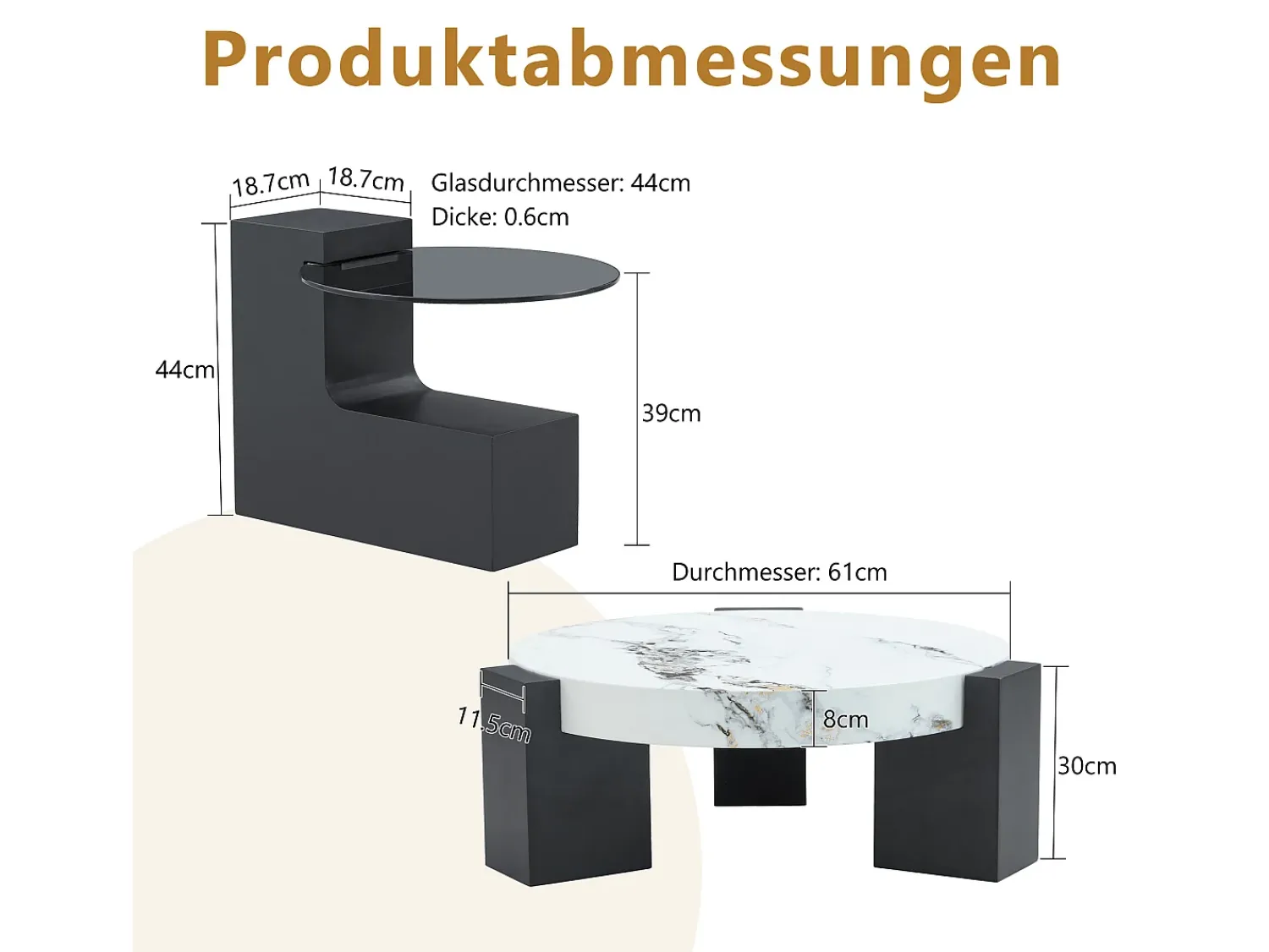 Mesa De Centro|Hauss Spole Conjunto de 2 mesas de centro - Mesas redondas com efeito mármore - Madeira MDF + vidro - e preto Branco