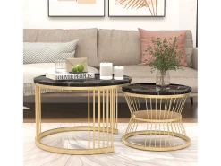Mesa De Centro* Conjunto de 2 mesas de centro redondas - com base em mármore brilhante - Para sala de estar - Dourado e Preto