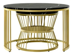 Mesa De Centro* Conjunto de 2 mesas de centro redondas - com base em mármore brilhante - Para sala de estar - Dourado e Preto