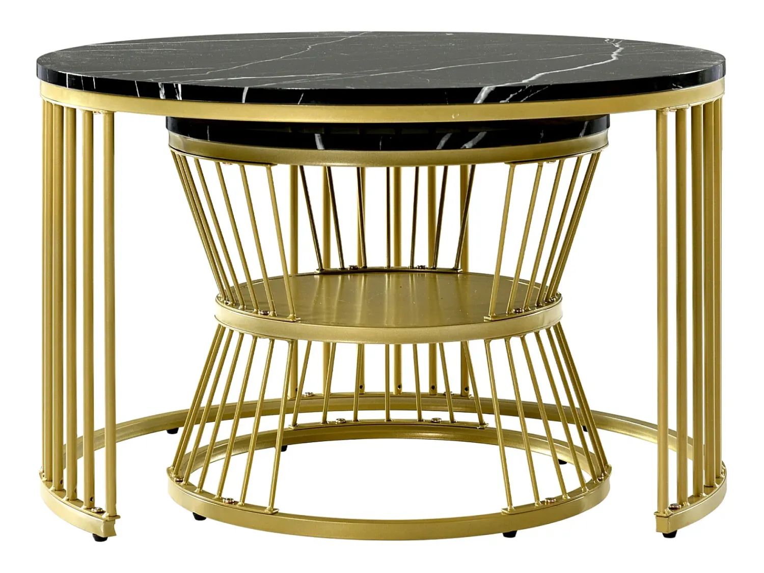 Mesa De Centro* Conjunto de 2 mesas de centro redondas - com base em mármore brilhante - Para sala de estar - Dourado e Preto
