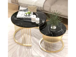 Mesa De Centro* Conjunto de 2 mesas de centro redondas - com base em mármore brilhante - Para sala de estar - Dourado e Preto
