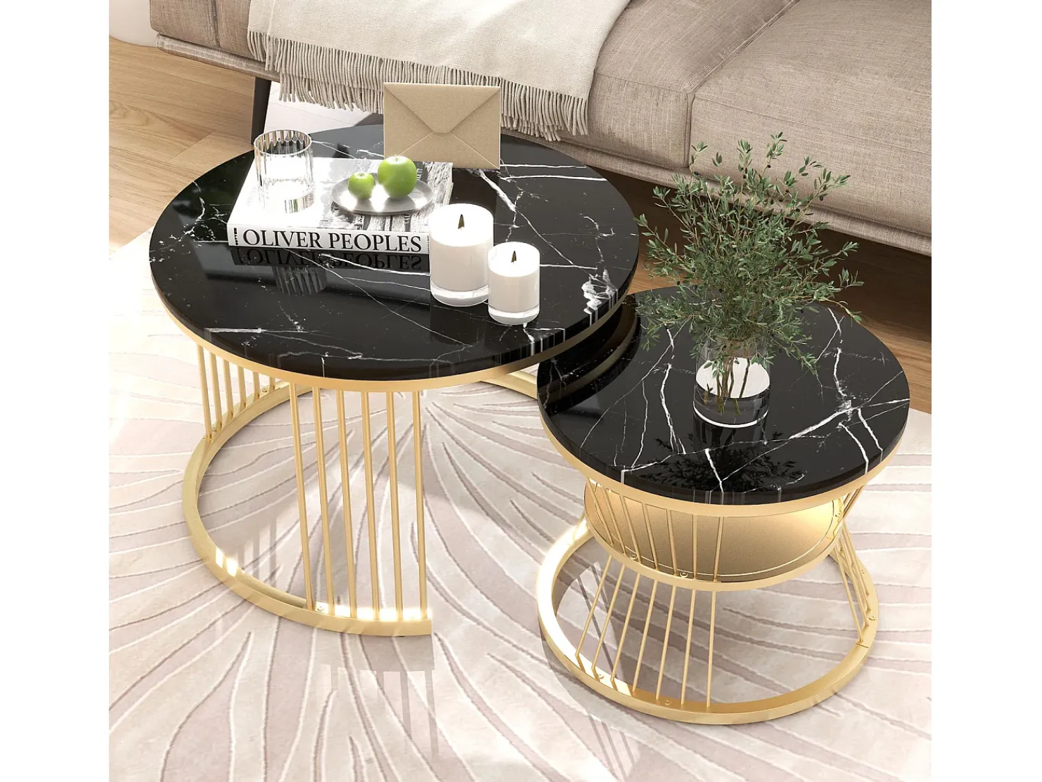 Mesa De Centro* Conjunto de 2 mesas de centro redondas - com base em mármore brilhante - Para sala de estar - Dourado e Preto