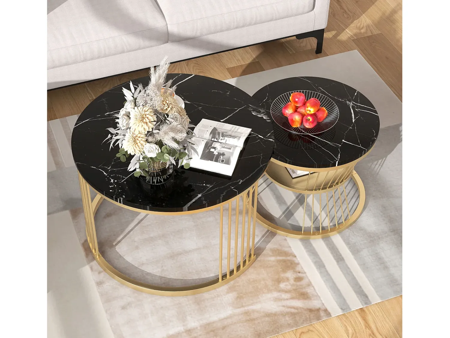 Mesa De Centro* Conjunto de 2 mesas de centro redondas - com base em mármore brilhante - Para sala de estar - Dourado e Preto