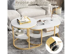 Conjunto de 2 mesas de centro encaixáveis, mesa encaixável com design de mármore, estrutura de metal^ Mesa De Centro