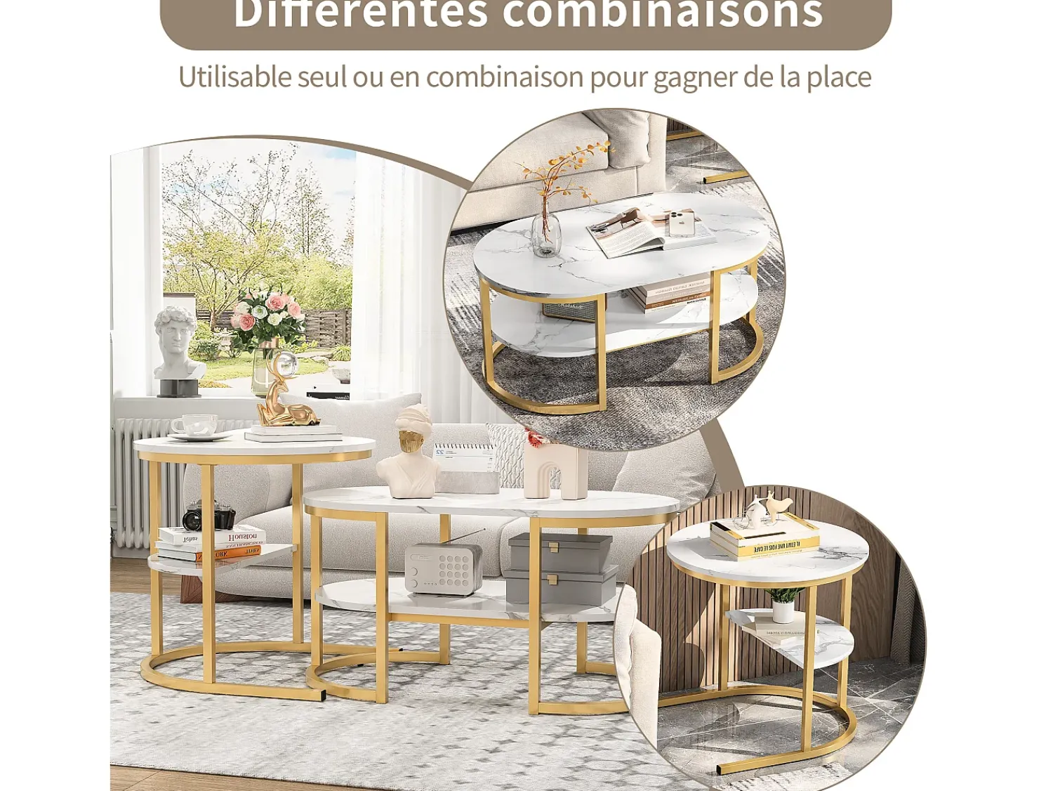 Conjunto de 2 mesas de centro encaixáveis, mesa encaixável com design de mármore, estrutura de metal^ Mesa De Centro