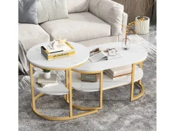 Hot Conjunto de 2 mesas de centro redondas e ovais com espaço de armazenamento, efeito mármore, e dourado. Branco