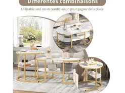 Hot Conjunto de 2 mesas de centro redondas e ovais com espaço de armazenamento, efeito mármore, e dourado. Branco