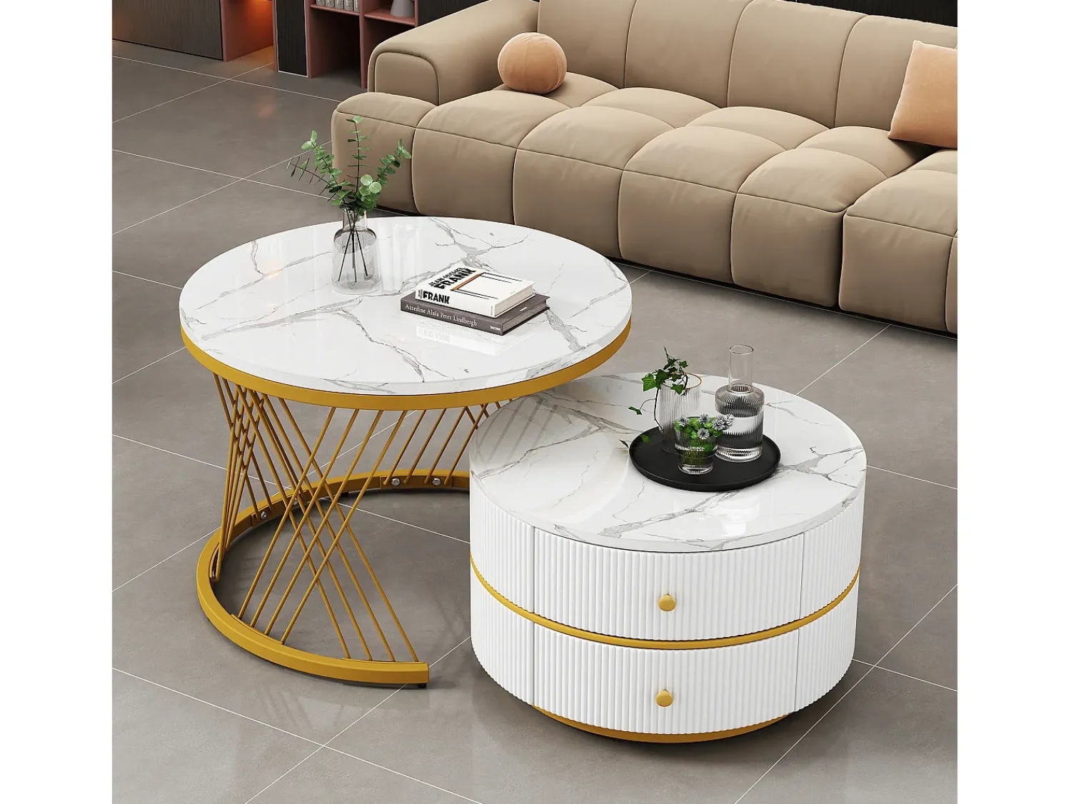 Mesa De Centro*Merax Conjunto de 2 mesas de centro redondas encaixáveis com 2 gavetas - 60x60x46cm + 50x50x30,8cm - Padrão mármore - Madeira MDF e metal - Branco + dourado Branco / Dourado