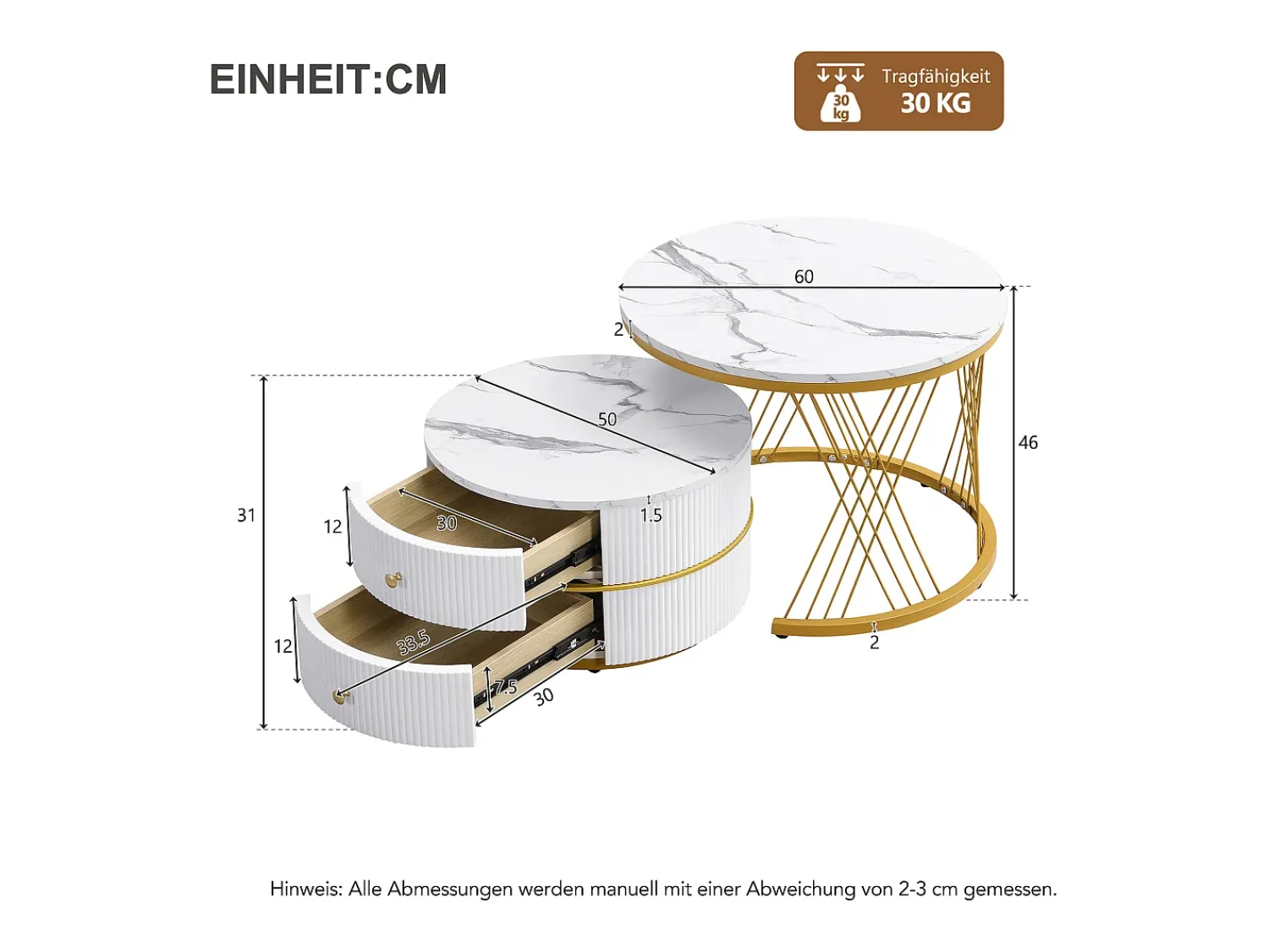 Mesa De Centro*Merax Conjunto de 2 mesas de centro redondas encaixáveis com 2 gavetas - 60x60x46cm + 50x50x30,8cm - Padrão mármore - Madeira MDF e metal - Branco + dourado Branco / Dourado