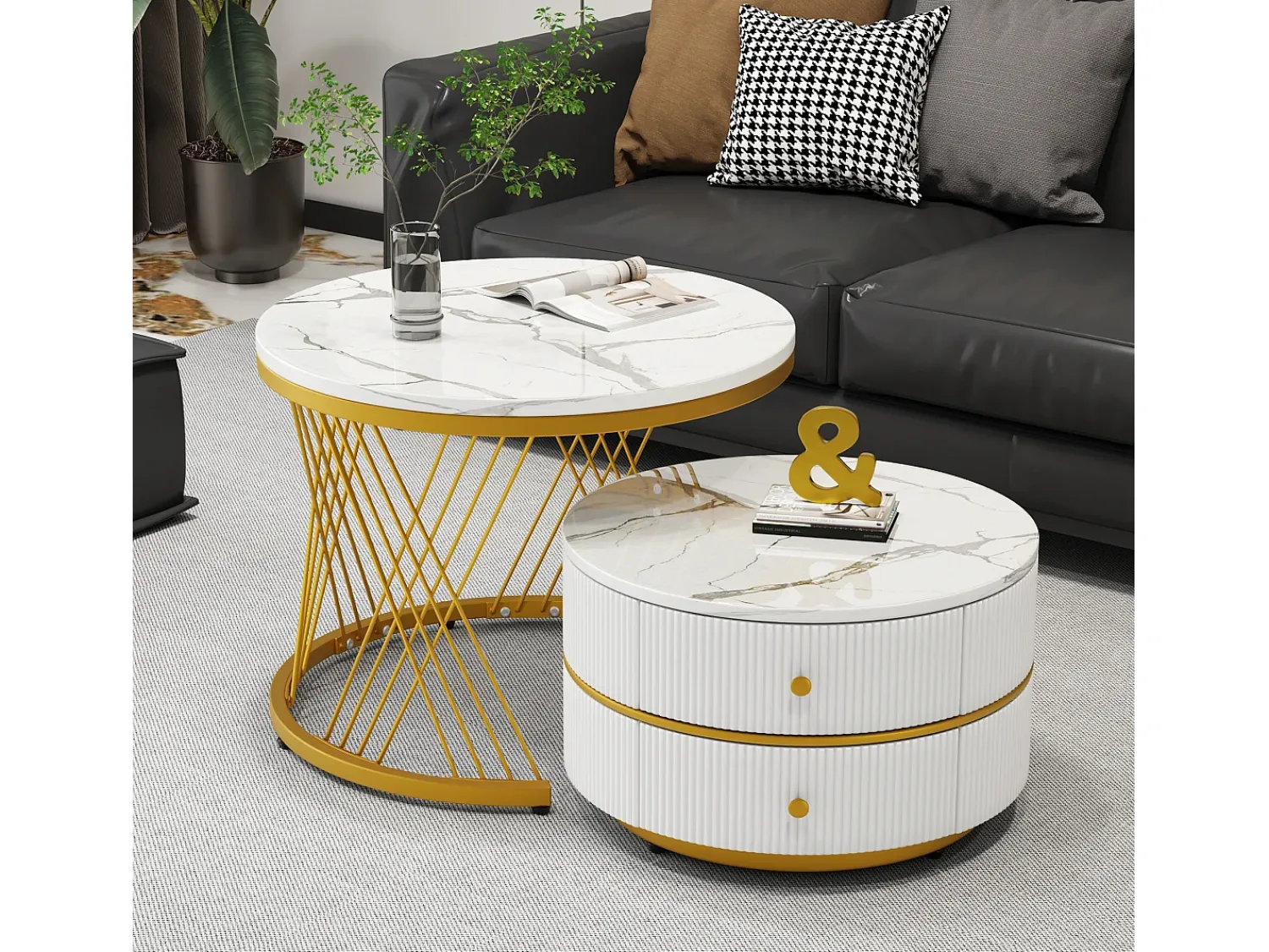 Mesa De Centro*Merax Conjunto de 2 mesas de centro redondas encaixáveis com 2 gavetas - 60x60x46cm + 50x50x30,8cm - Padrão mármore - Madeira MDF e metal - Branco + dourado Branco / Dourado