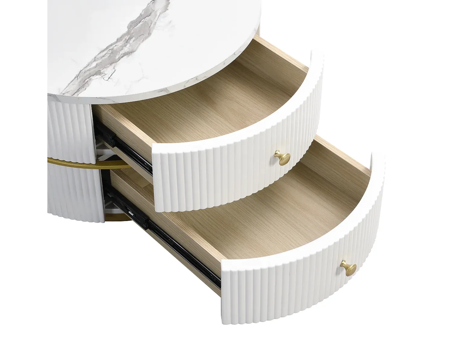 Mesa De Centro*Merax Conjunto de 2 mesas de centro redondas encaixáveis com 2 gavetas - 60x60x46cm + 50x50x30,8cm - Padrão mármore - Madeira MDF e metal - Branco + dourado Branco / Dourado