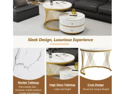 Mesa De Centro*Merax Conjunto de 2 mesas de centro redondas encaixáveis com 2 gavetas - 60x60x46cm + 50x50x30,8cm - Padrão mármore - Madeira MDF e metal - Branco + dourado Branco / Dourado