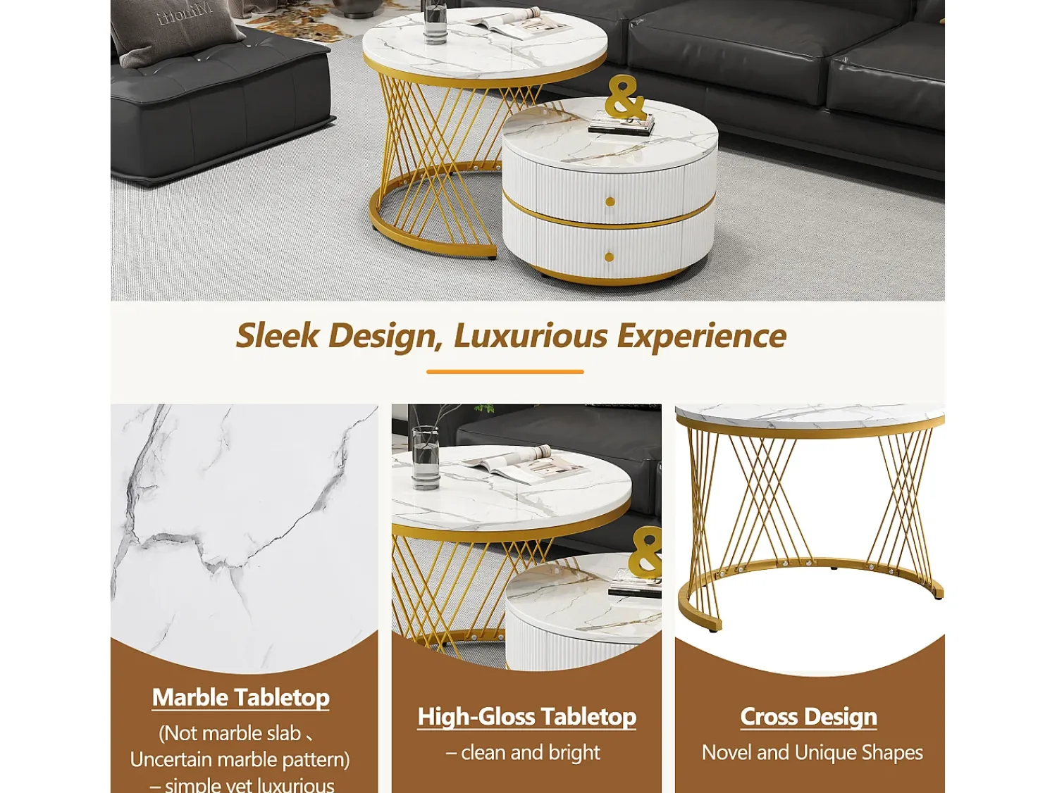Mesa De Centro*Merax Conjunto de 2 mesas de centro redondas encaixáveis com 2 gavetas - 60x60x46cm + 50x50x30,8cm - Padrão mármore - Madeira MDF e metal - Branco + dourado Branco / Dourado