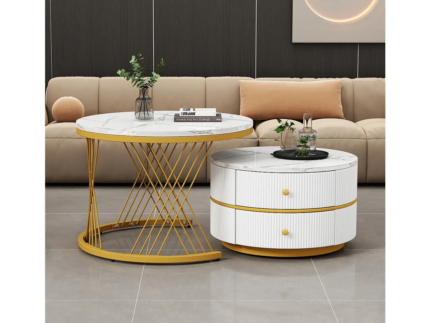 Mesa De Centro*Merax Conjunto de 2 mesas de centro redondas encaixáveis com 2 gavetas - 60x60x46cm + 50x50x30,8cm - Padrão mármore - Madeira MDF e metal - Branco + dourado Branco / Dourado