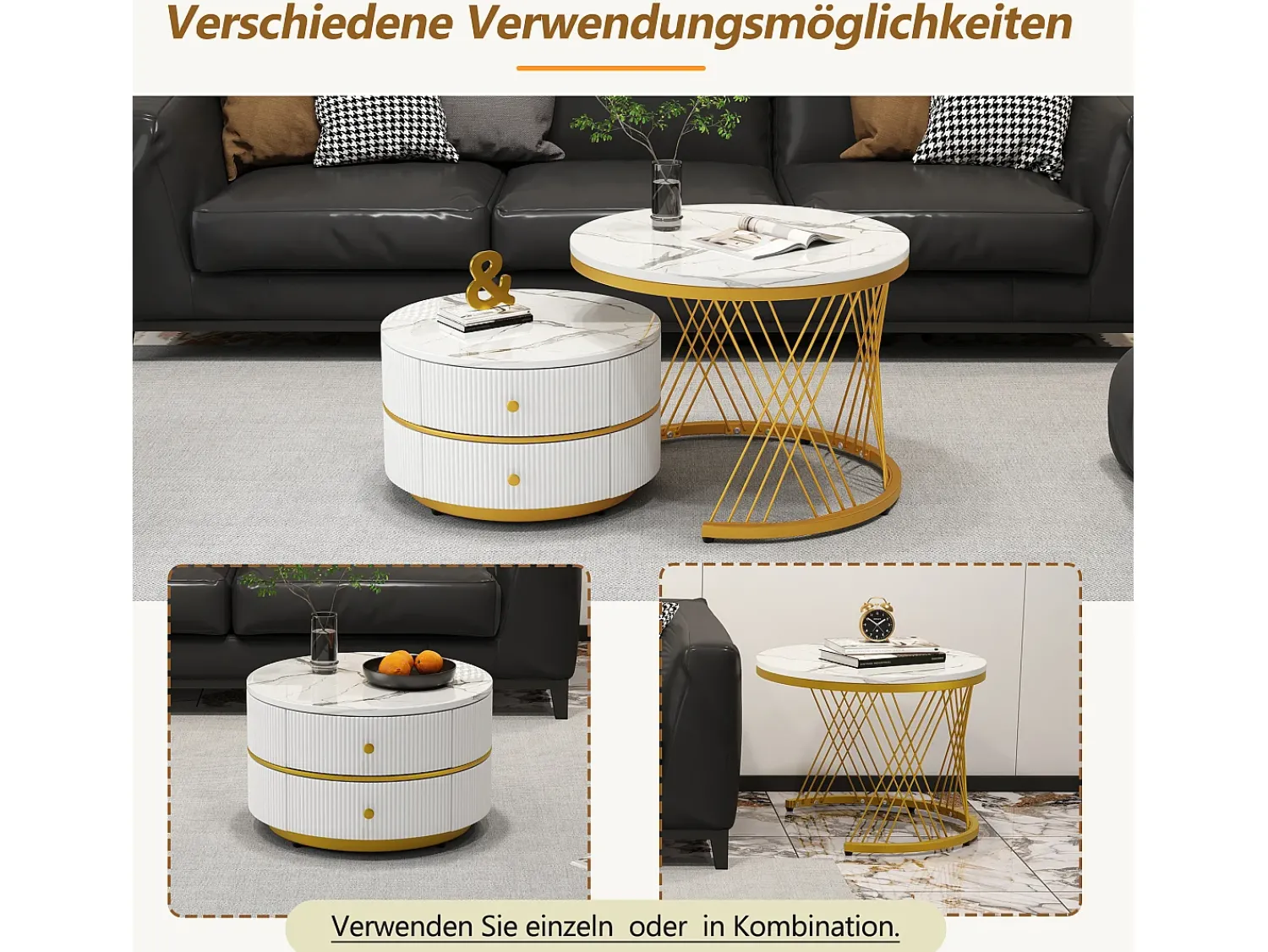 Mesa De Centro*Merax Conjunto de 2 mesas de centro redondas encaixáveis com 2 gavetas - 60x60x46cm + 50x50x30,8cm - Padrão mármore - Madeira MDF e metal - Branco + dourado Branco / Dourado