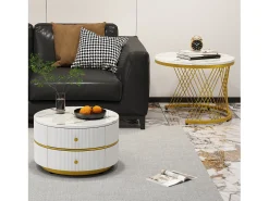 Mesa De Centro*Merax Conjunto de 2 mesas de centro redondas encaixáveis com 2 gavetas - 60x60x46cm + 50x50x30,8cm - Padrão mármore - Madeira MDF e metal - Branco + dourado Branco / Dourado
