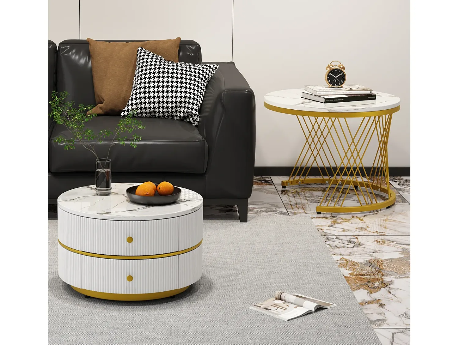 Mesa De Centro*Merax Conjunto de 2 mesas de centro redondas encaixáveis com 2 gavetas - 60x60x46cm + 50x50x30,8cm - Padrão mármore - Madeira MDF e metal - Branco + dourado Branco / Dourado