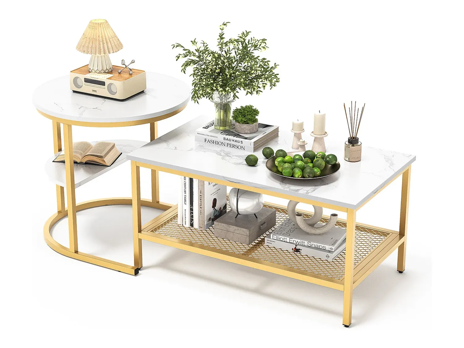 Mesa De Centro* Conjunto de 2 mesas de centro encaixáveis escandinavas - retangulares, estampa de mármore, apoios para os pés ajustáveis, estrutura de metal dourado Branco