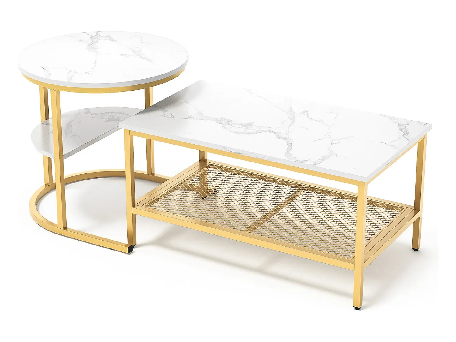 Mesa De Centro* Conjunto de 2 mesas de centro encaixáveis escandinavas - retangulares, estampa de mármore, apoios para os pés ajustáveis, estrutura de metal dourado Branco