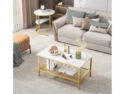 Mesa De Centro* Conjunto de 2 mesas de centro encaixáveis escandinavas - retangulares, estampa de mármore, apoios para os pés ajustáveis, estrutura de metal dourado Branco