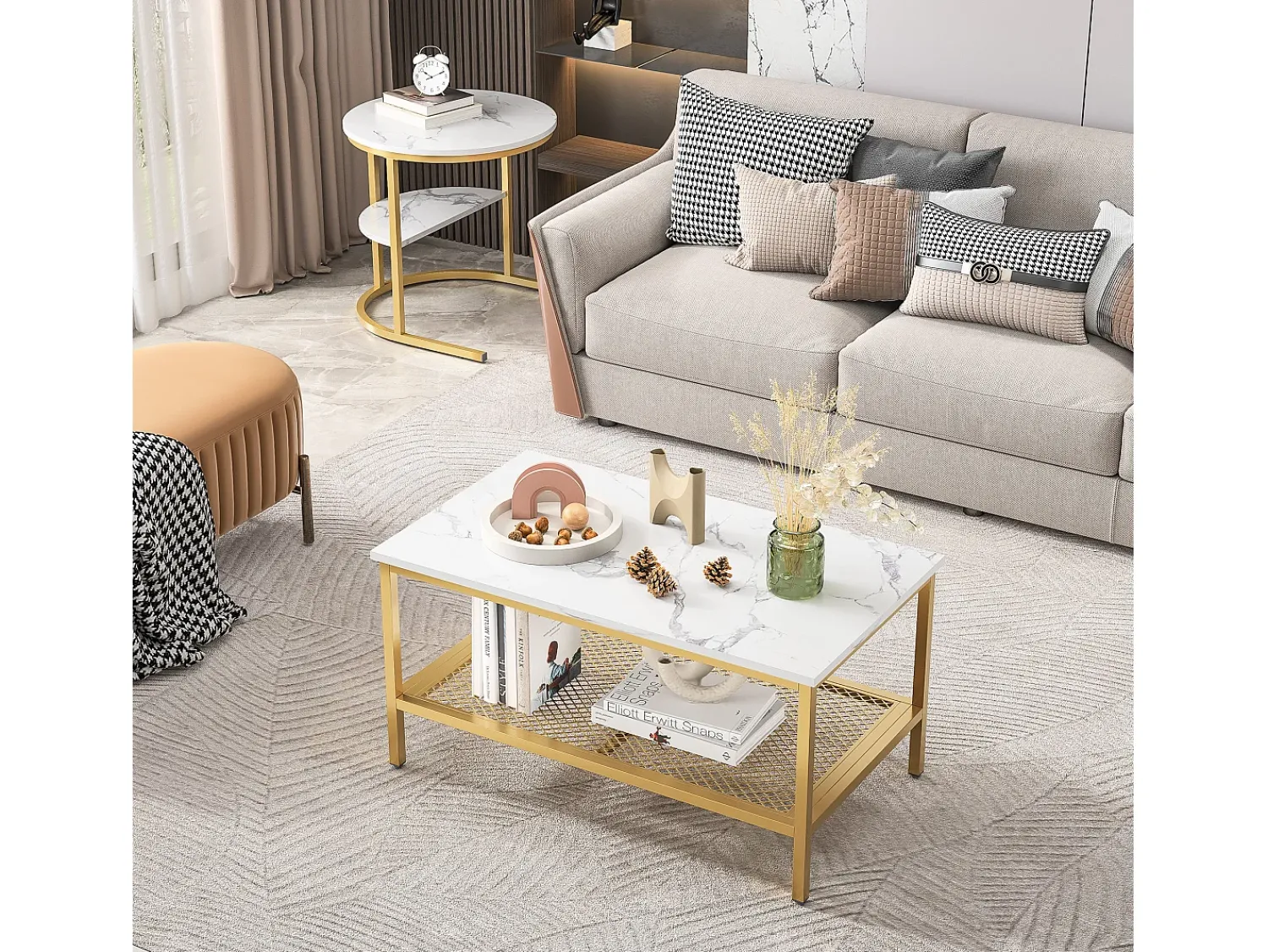 Mesa De Centro* Conjunto de 2 mesas de centro encaixáveis escandinavas - retangulares, estampa de mármore, apoios para os pés ajustáveis, estrutura de metal dourado Branco
