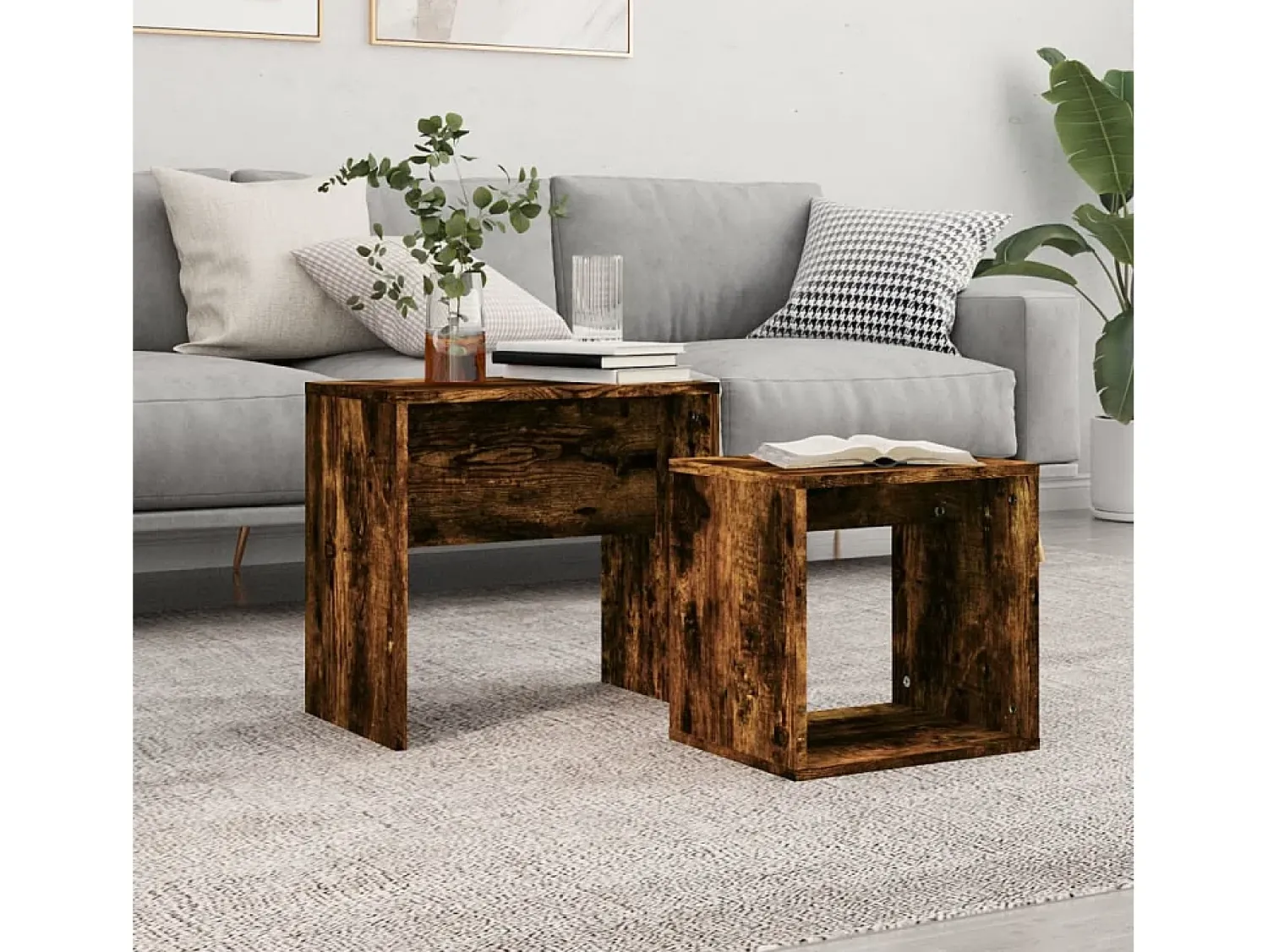 Mesa De Centro| Conjunto de 2 Mesas de Centro Baixas | Mesa de apoio deriv. madeira carvalho fumado Castanho