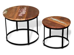 Mesa De Centro| Conjunto de 2 Mesas de Centro | Mesa de apoio redonda madeira reciclada 40cm/50cm Castanho