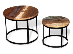 Mesa De Centro| Conjunto de 2 Mesas de Centro | Mesa de apoio redonda madeira reciclada 40cm/50cm Castanho