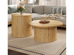 Merax Conjunto de 2 mesas de centro com tampos de madeira - mesa multifuncional para sala de estar - MDF - cor natural^ Mesa De Centro