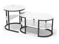 Conjunto de 2 mesas de centro escandinavas - Mesa de apoio oval com estampado de mármore e prateleiras de arrumação - Estrutura em metal -^ Mesa De Centro