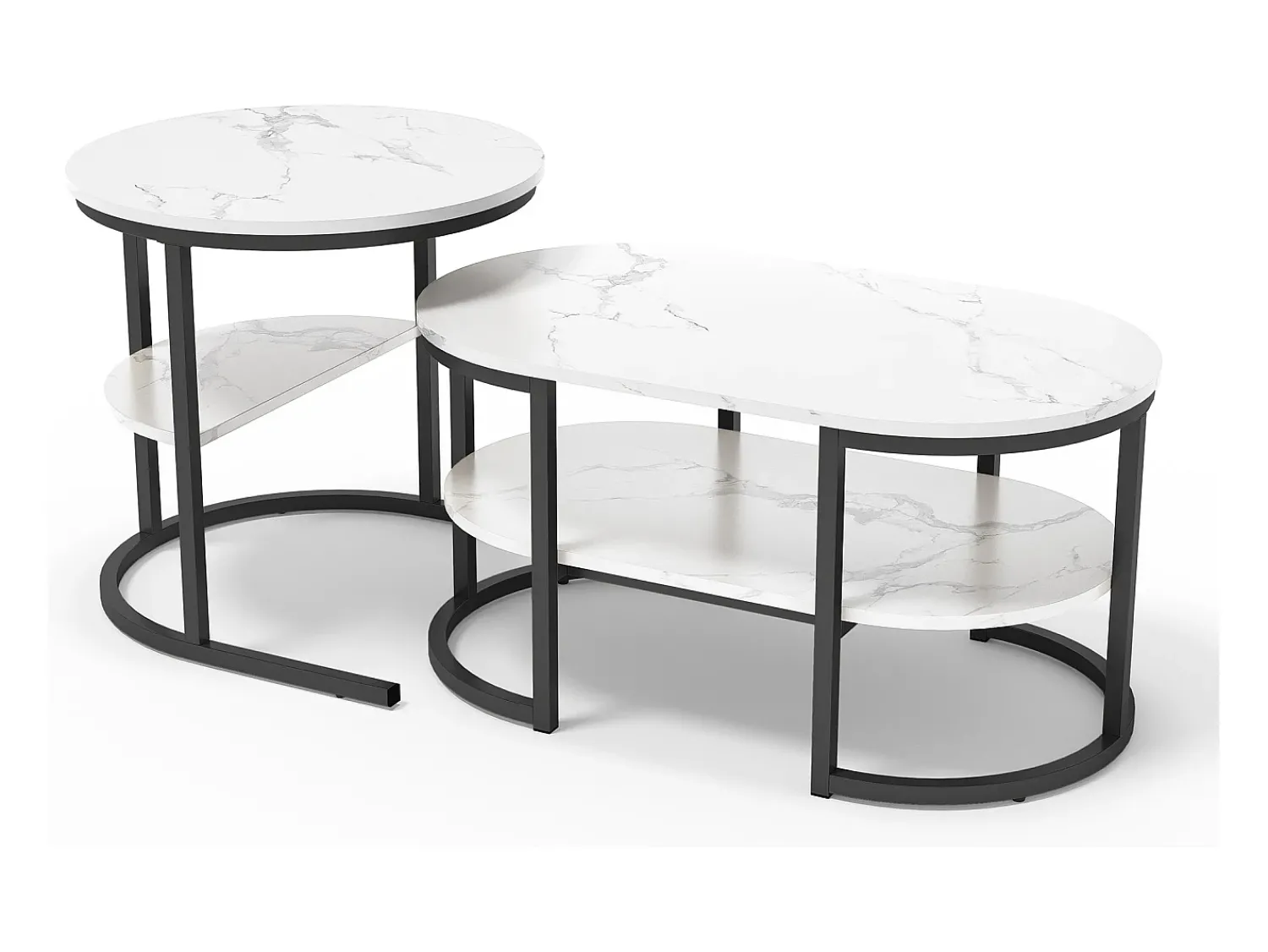 Conjunto de 2 mesas de centro escandinavas - Mesa de apoio oval com estampado de mármore e prateleiras de arrumação - Estrutura em metal -^ Mesa De Centro