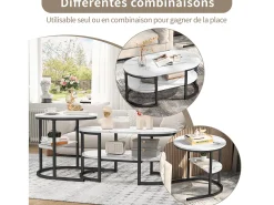 Conjunto de 2 mesas de centro escandinavas - Mesa de apoio oval com estampado de mármore e prateleiras de arrumação - Estrutura em metal -^ Mesa De Centro