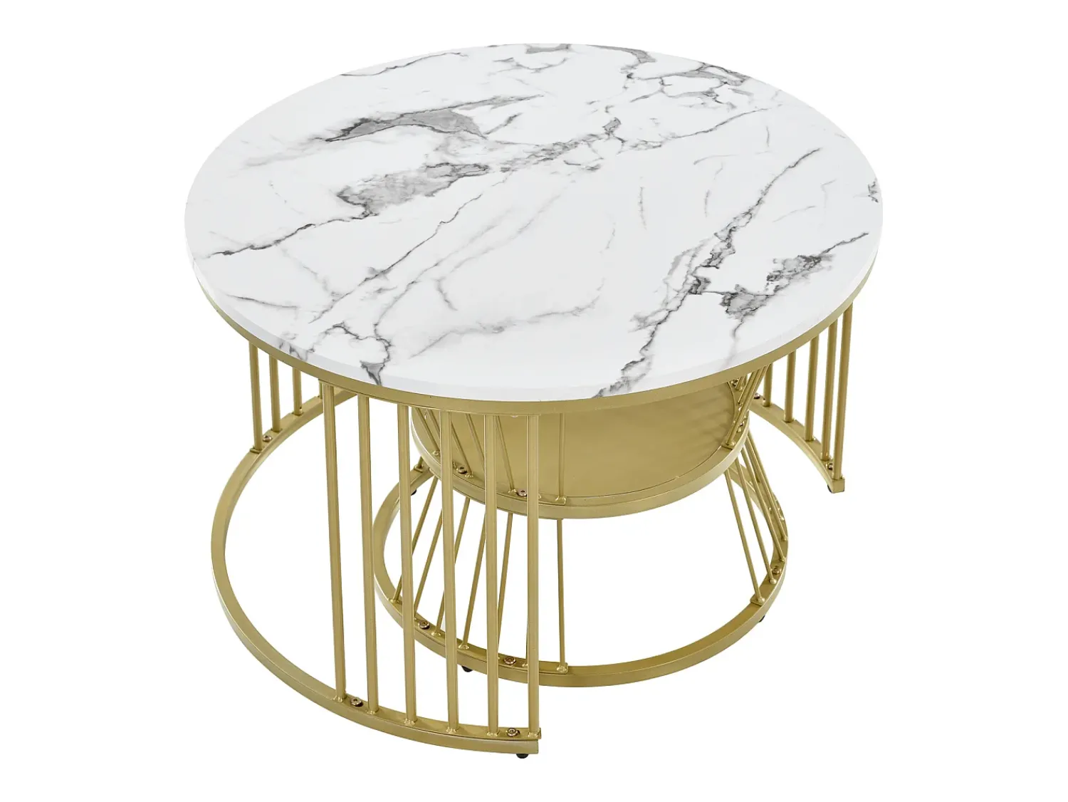 Mesa De Centro| Conjunto de 2 mesas de centro redondas - mármore brilhante e metal, design moderno para sala de estar, escritório e varanda Branco