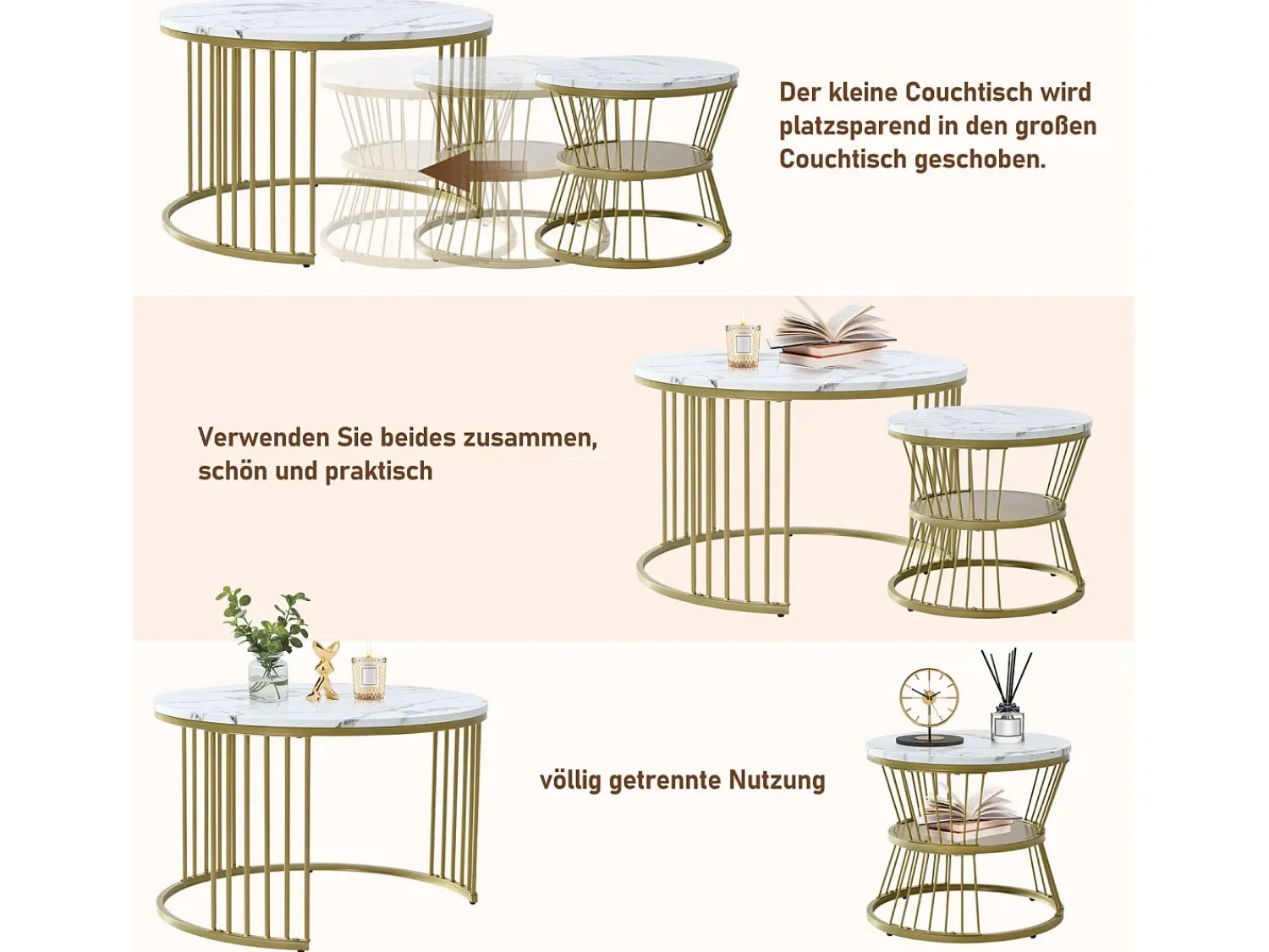 Mesa De Centro| Conjunto de 2 mesas de centro redondas - mármore brilhante e metal, design moderno para sala de estar, escritório e varanda Branco