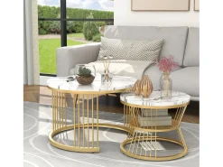 Mesa De Centro| Conjunto de 2 mesas de centro redondas - mármore brilhante e metal, design moderno para sala de estar, escritório e varanda Branco